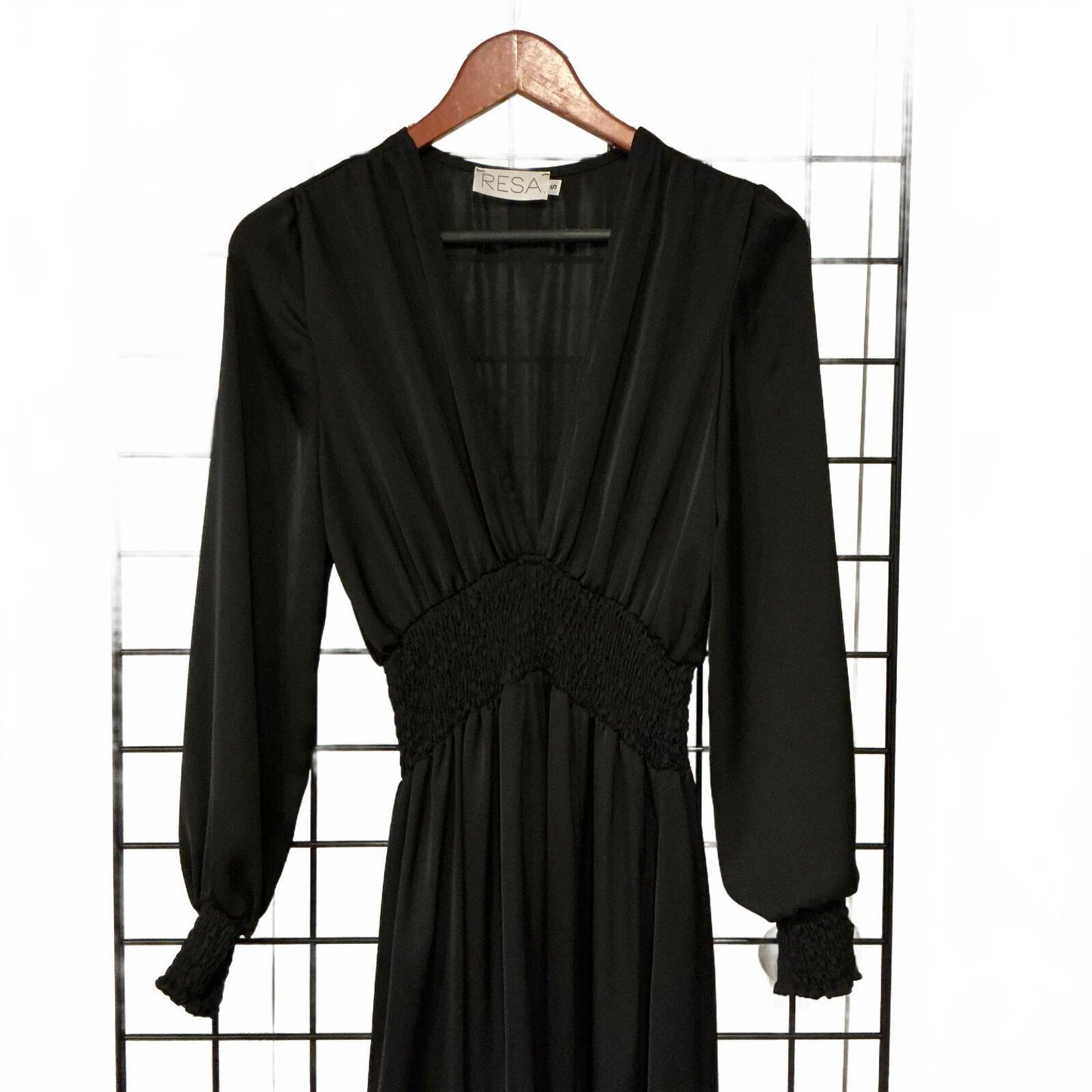 RESA Black Long Sleeve Smocked Waist Maxi Dress Size S