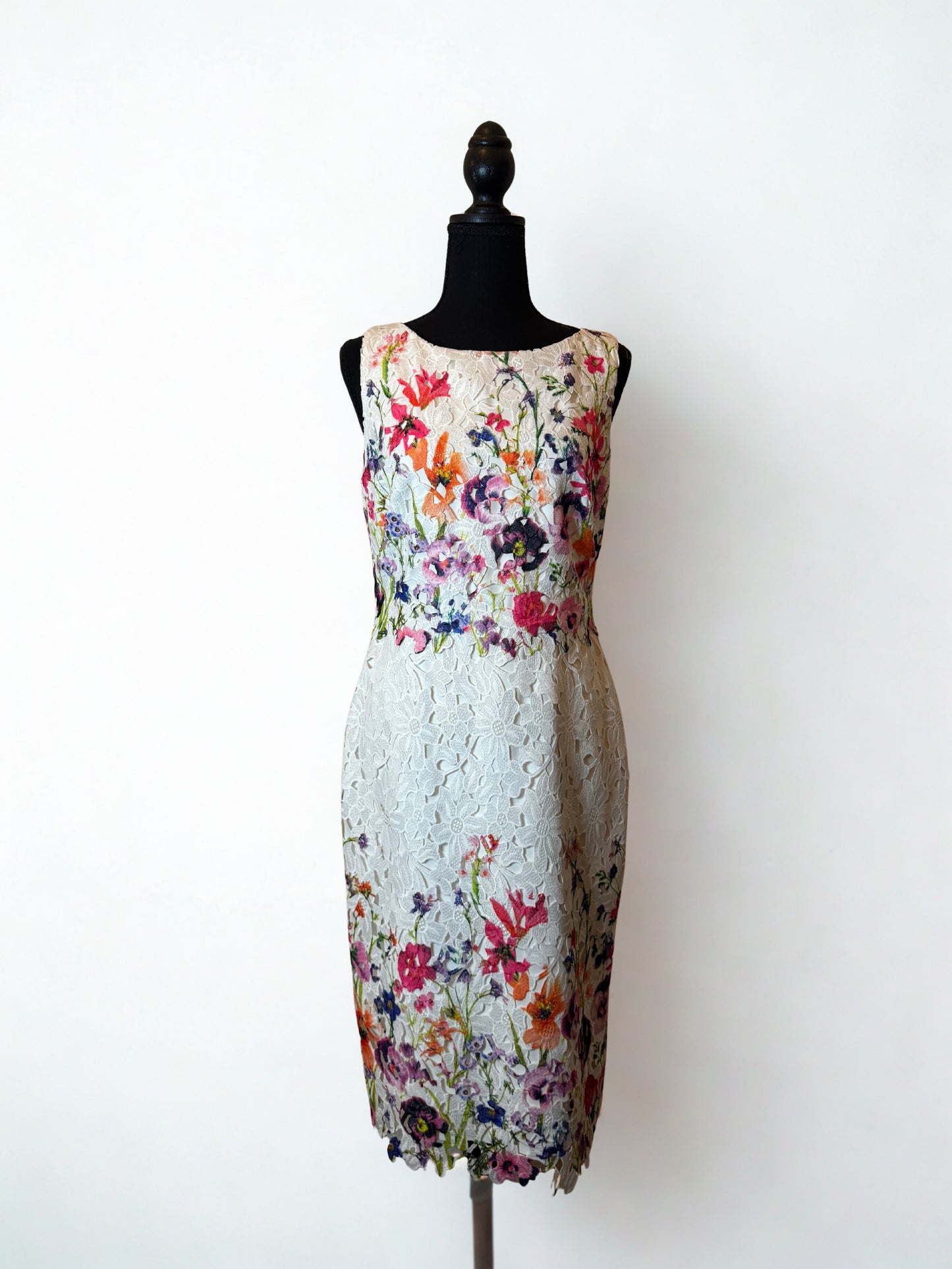 Badgley Mischka Floral Lace Embroidered Sheath Dress – Ivory Multicolor – Size 8