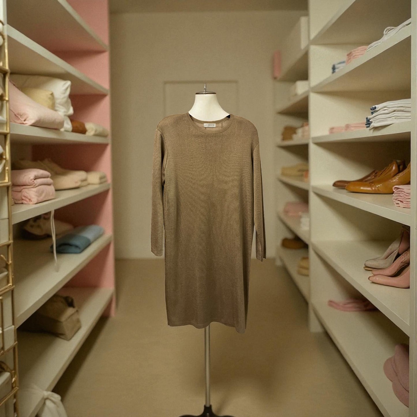Vintage Liz Claiborne Metallic Taupe Knit Sweater Dress – Long Sleeve