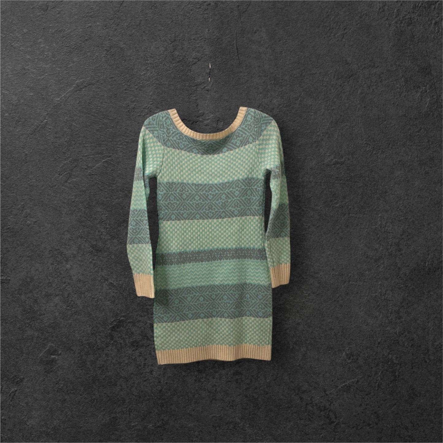 Vintage Derek Heart Knit Sweater Dress – Mint Green & Taupe Pattern – Size M