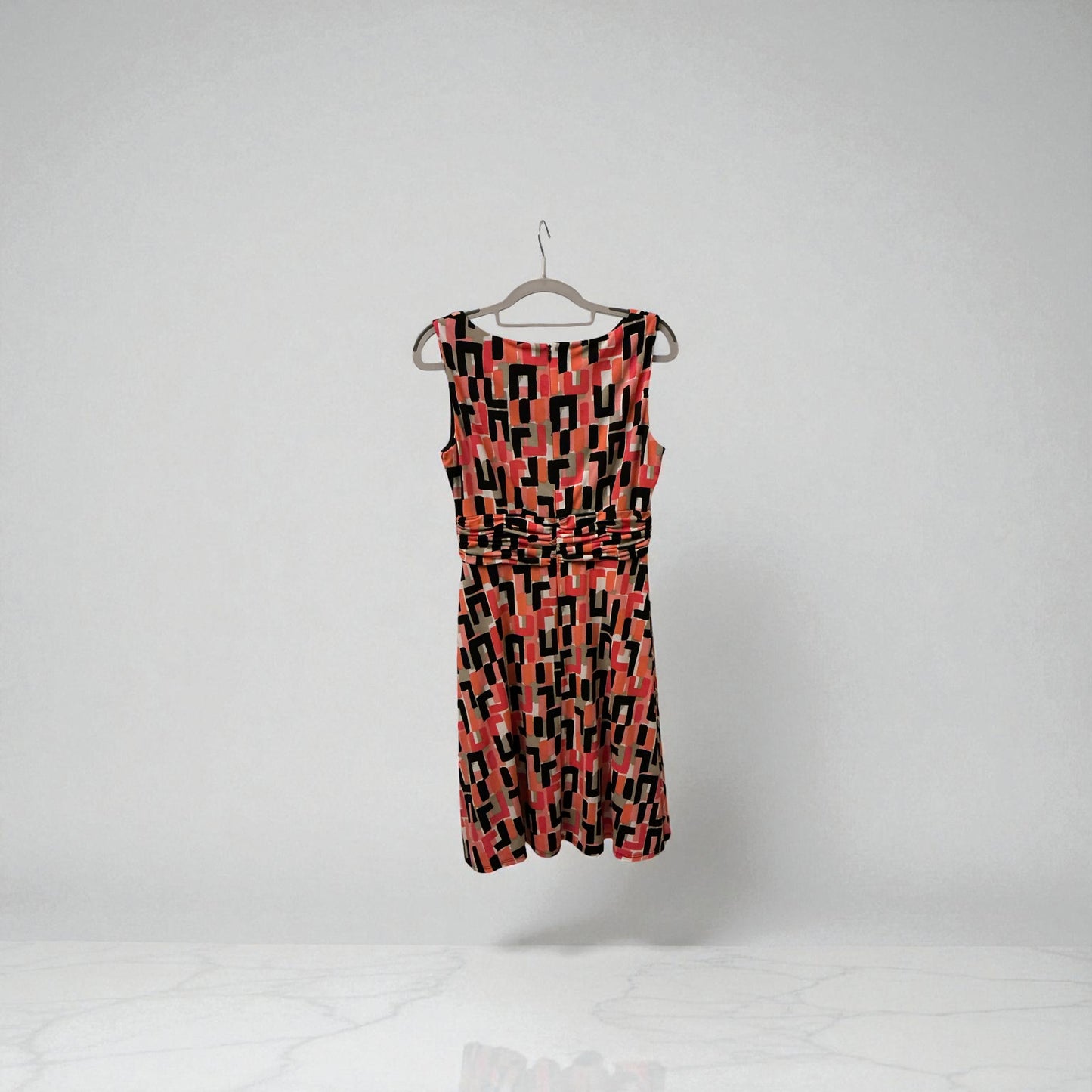 Eliza J Coral & Black Geometric Print Fit-and-Flare Dress – Size 10P