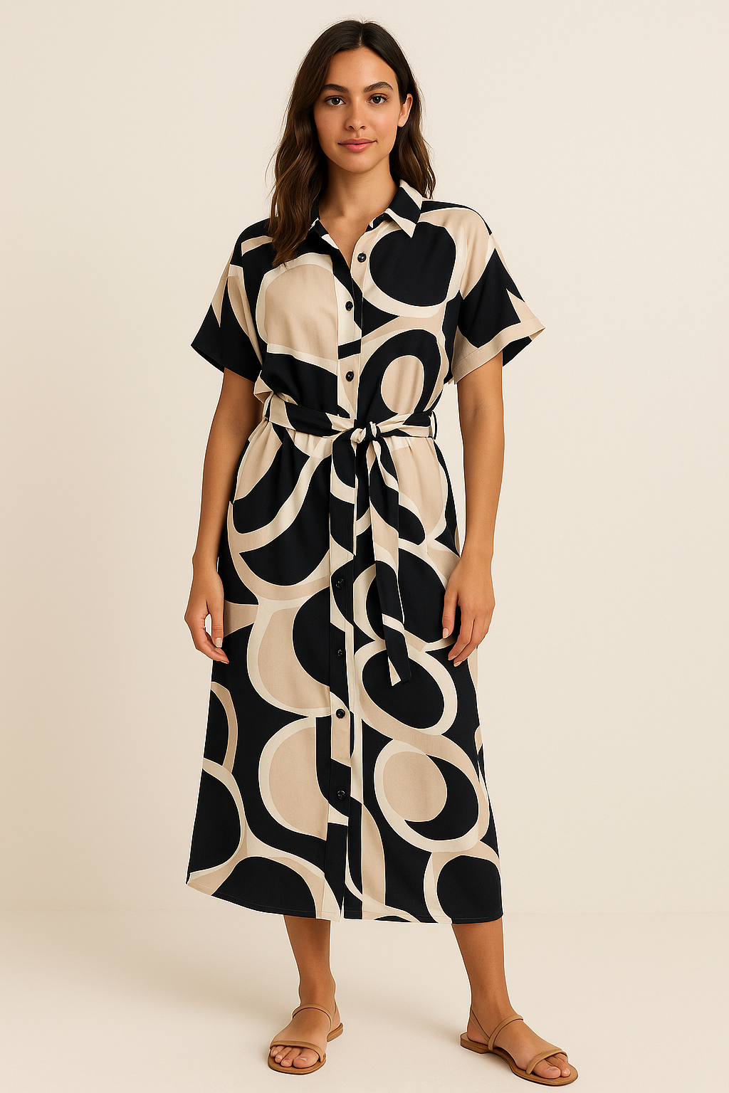 DKNY Geometric Print Button-Down Midi Shirt Dress – Size 12