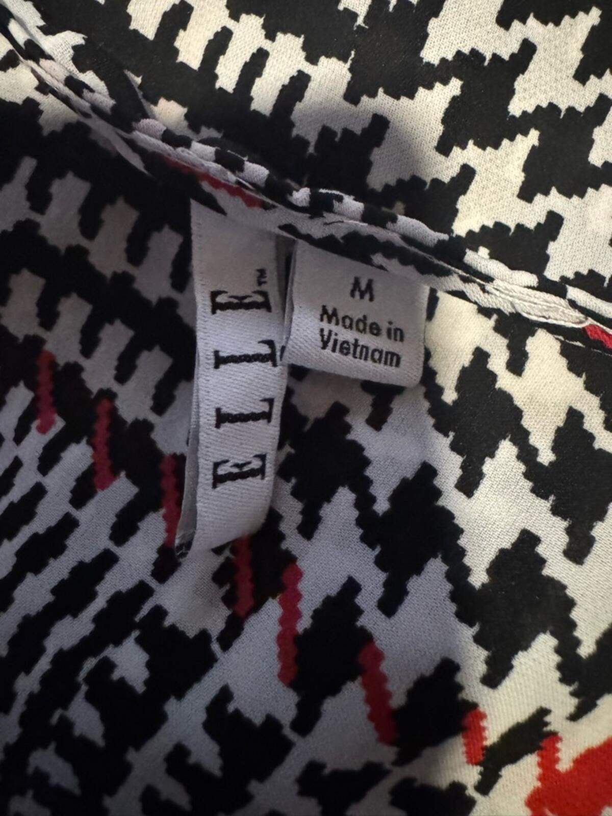 Elle Sleeveless Ruffle Blouse Black White Red Houndstooth Plaid Career Top