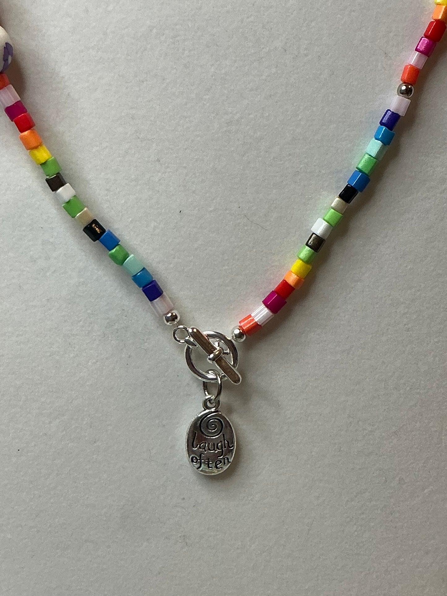 Vibrant Rainbow Beaded Necklace with Silver-Tone Charm - Colorful Seed Bead Necklace for Women & Girls - Fashion Jewelry Gift