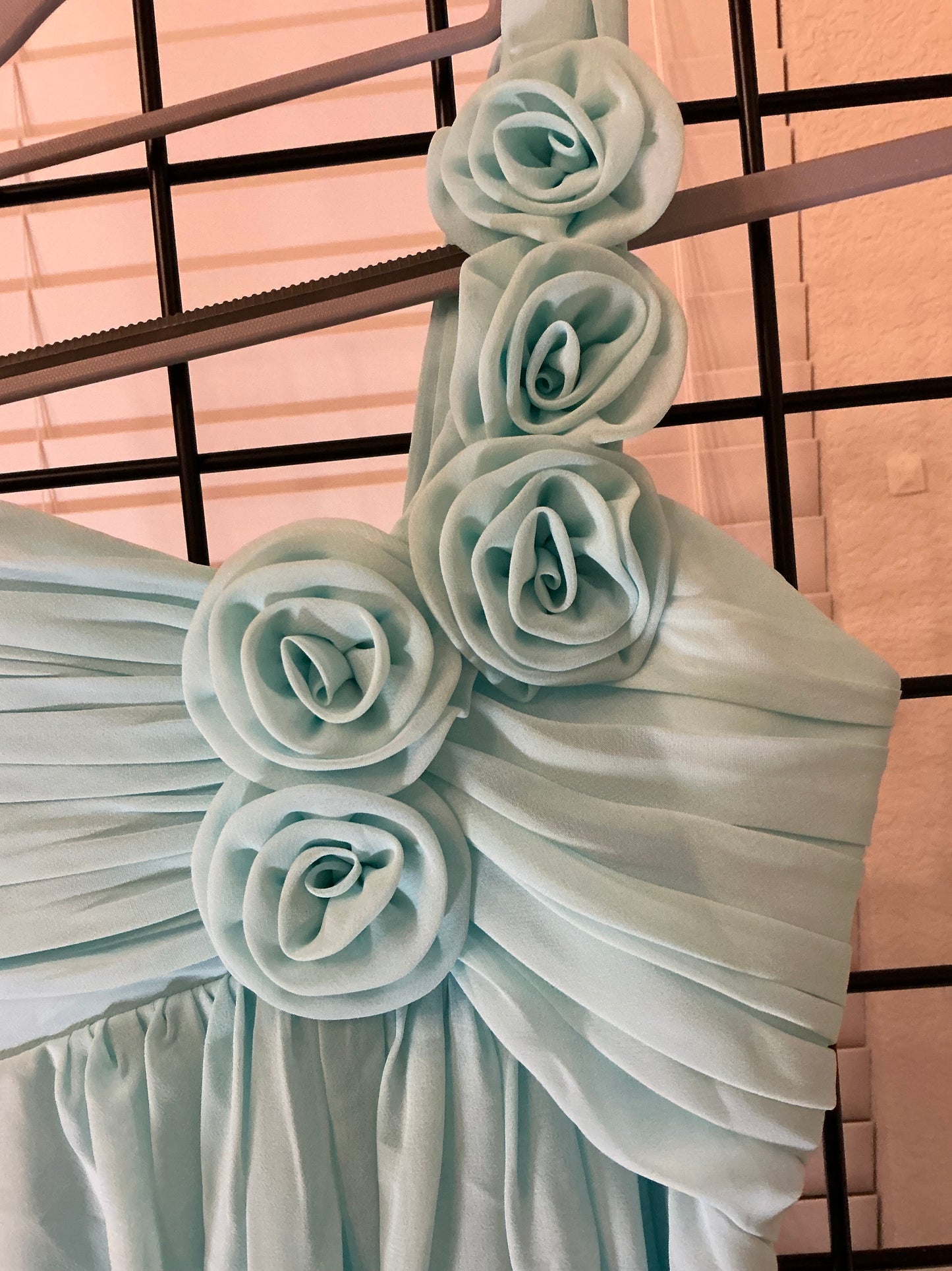 Aqua Blue One Shoulder Chiffon Dress with Rosette Strap – Size 2 – Flowy Formal Bridesmaid or Party Dress