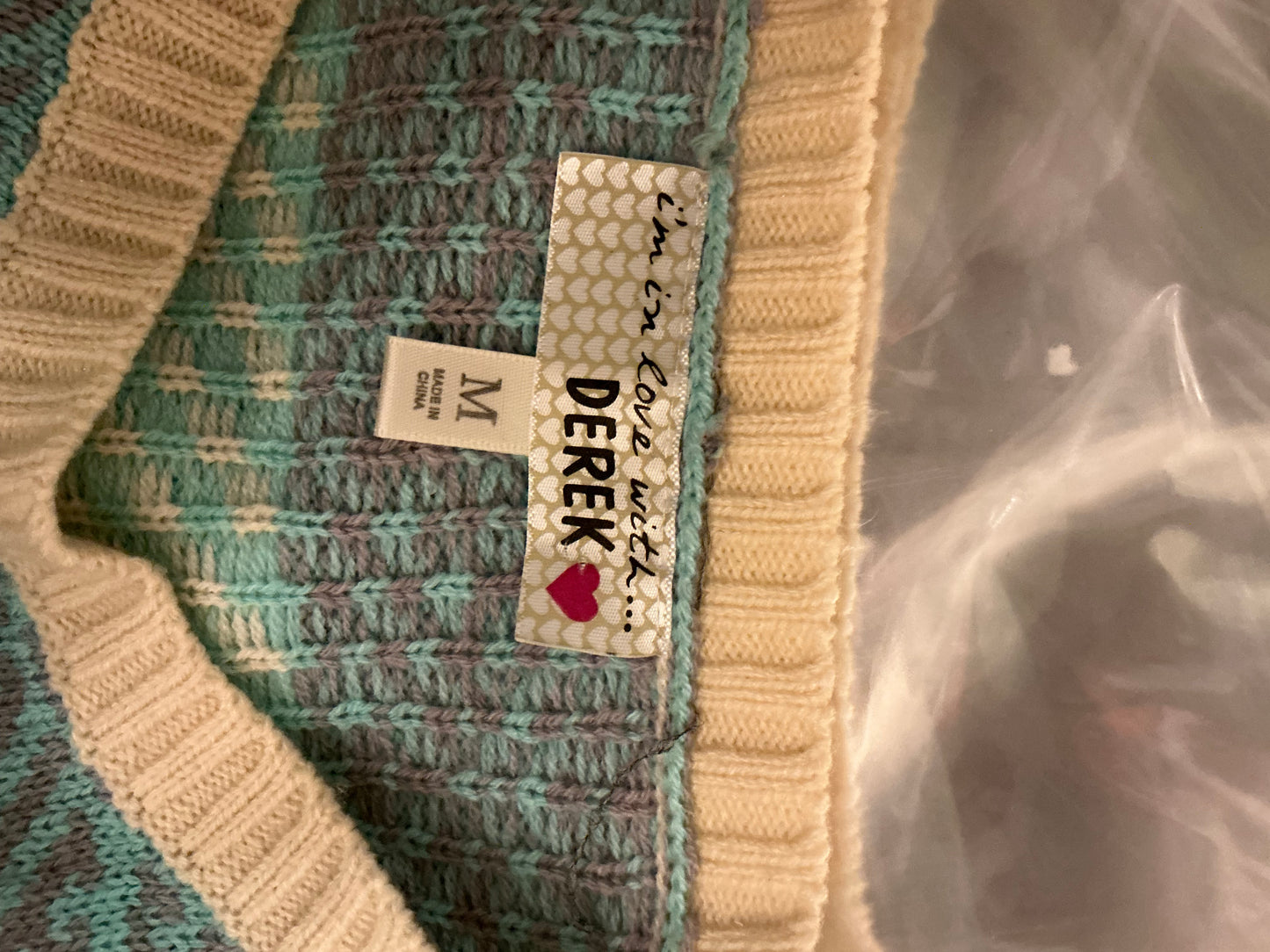 Vintage Derek Heart Knit Sweater Dress – Mint Green & Taupe Pattern – Size M
