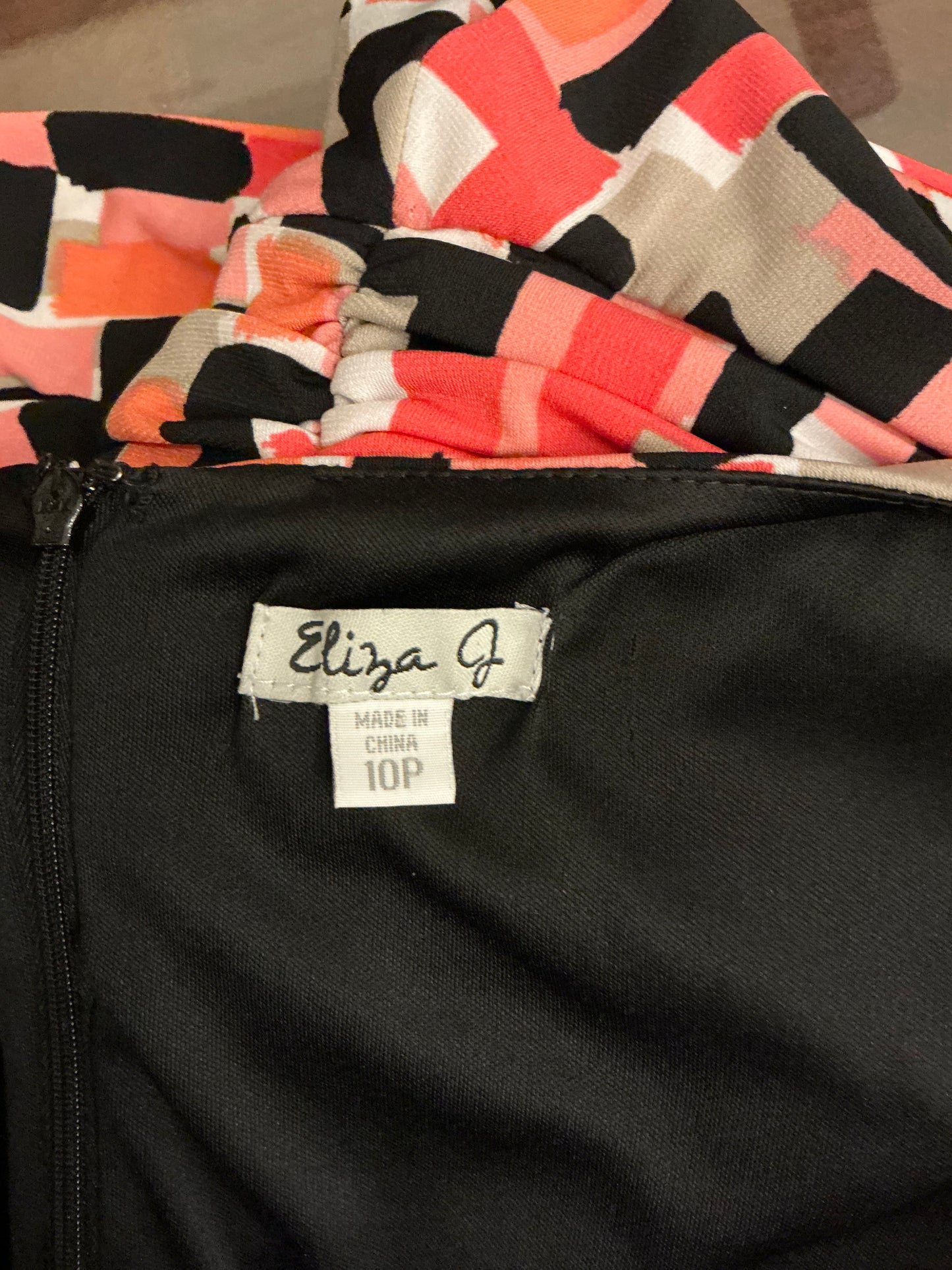 Eliza J Coral & Black Geometric Print Fit-and-Flare Dress – Size 10P