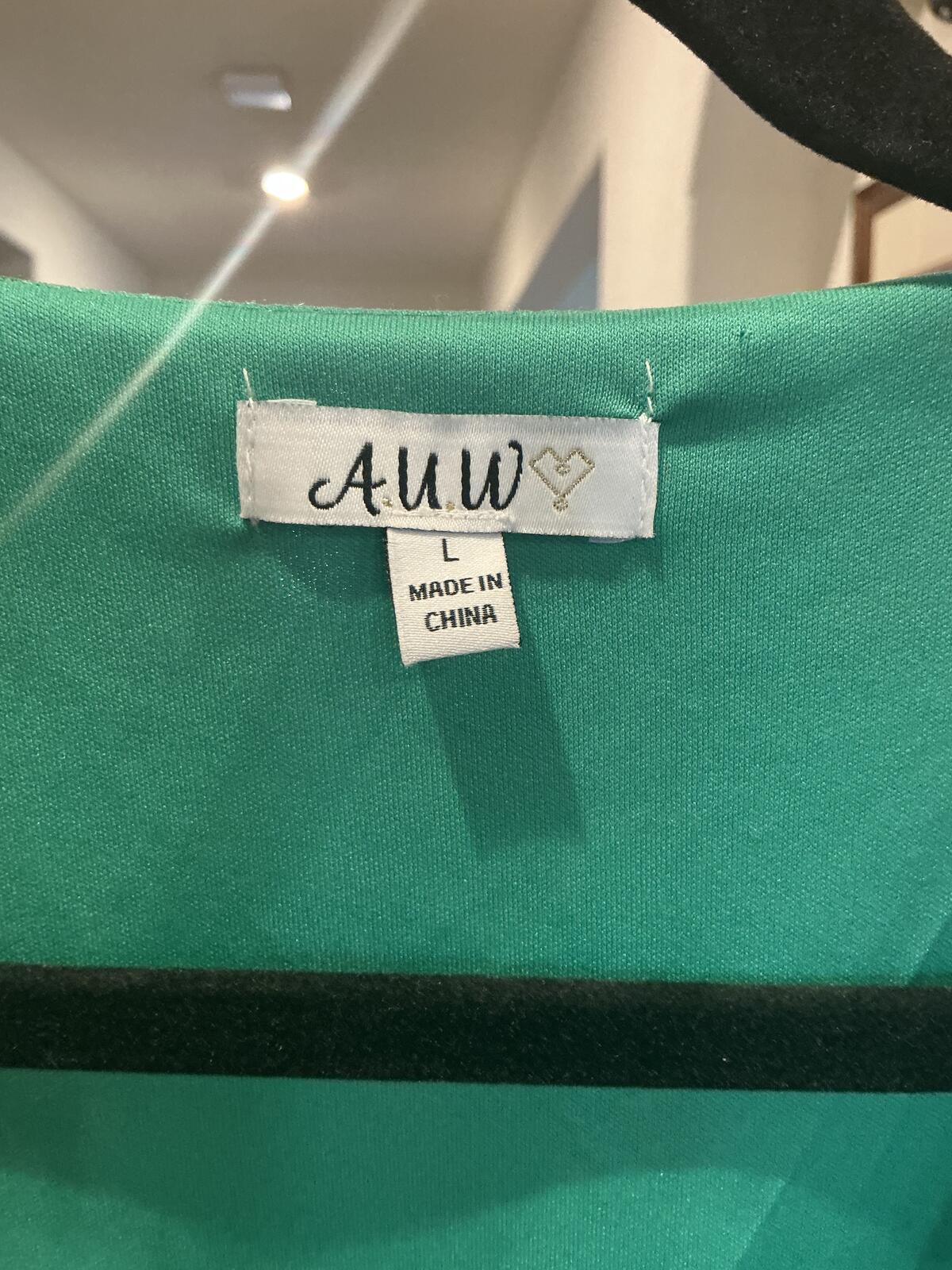AUW Floral Green Wrap Dress with Belt, Size Large