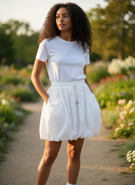White Bubble Skirt with Drawstring Waist and Pockets 100% COTTON