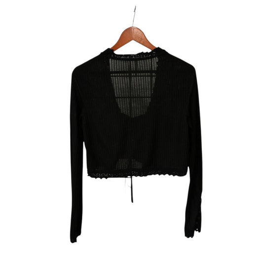 Free People Black Sheer Ribbed Tie-Front Cropped Cardigan