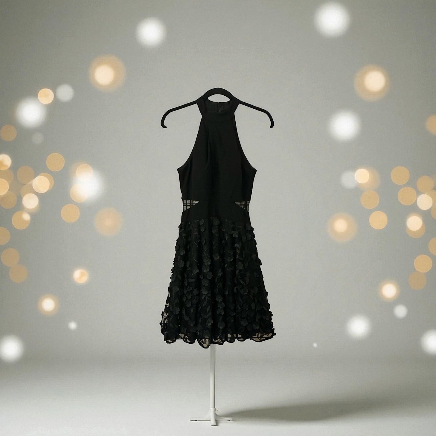 XSCAPE Black Halter Cocktail Dress with 3D Floral Skirt – Size 2