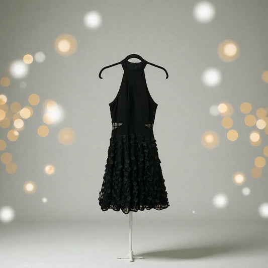 XSCAPE Black Halter Cocktail Dress with 3D Floral Skirt – Size 2