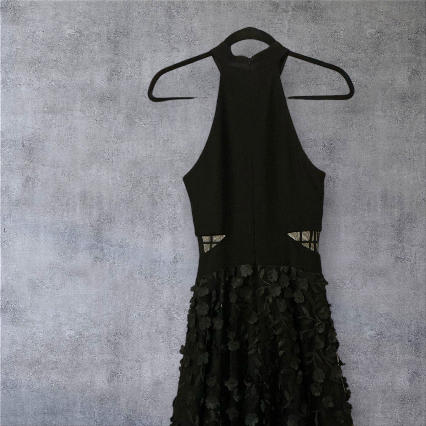 XSCAPE Black Halter Cocktail Dress with 3D Floral Skirt – Size 2