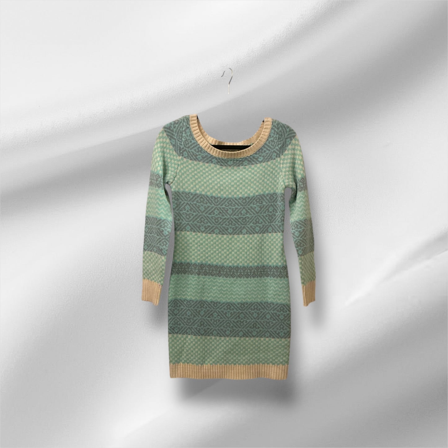Vintage Derek Heart Knit Sweater Dress – Mint Green & Taupe Pattern – Size M