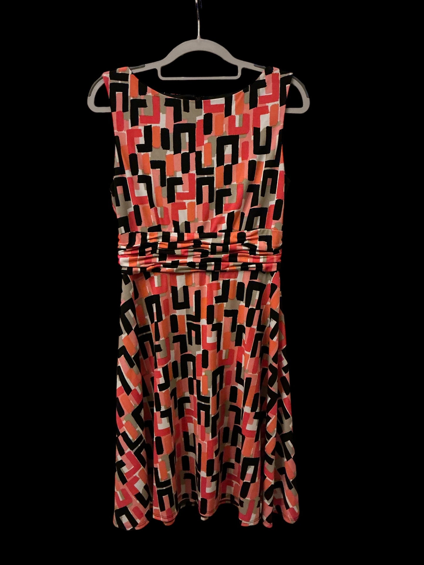 Eliza J Coral & Black Geometric Print Fit-and-Flare Dress – Size 10P