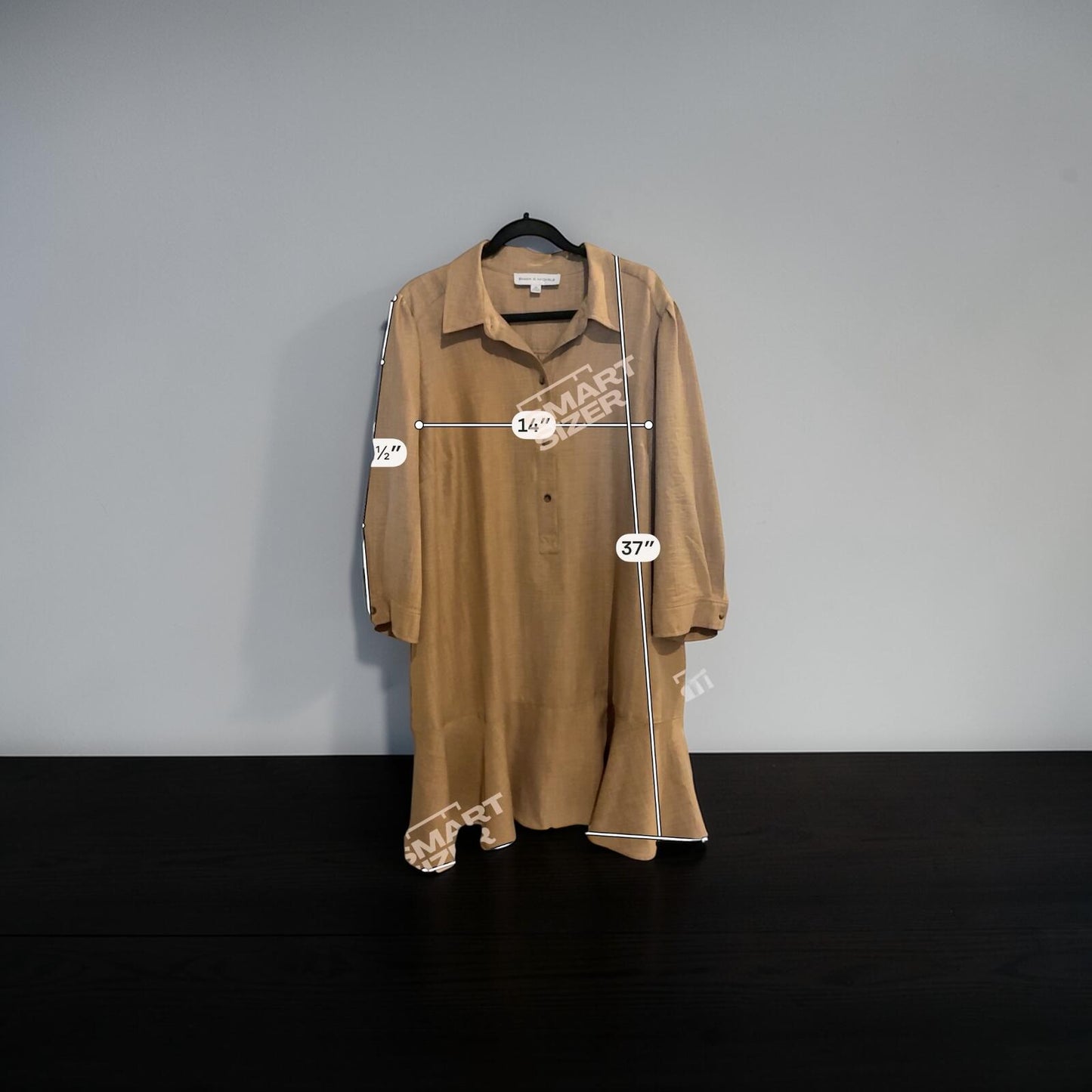 Tan Long Sleeve Shirt Dress with Ruffle Hem