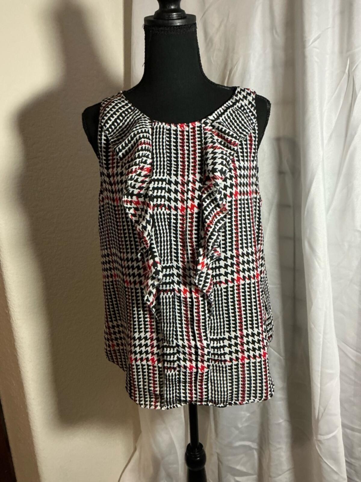 Elle Sleeveless Ruffle Blouse Black White Red Houndstooth Plaid Career Top