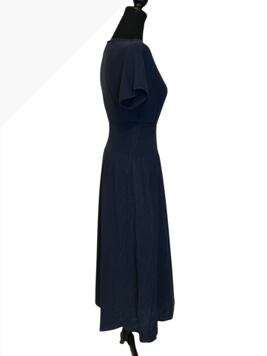 Faherty Navy Blue Midi Dress with Smocked Waist, Size XS