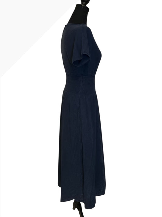 Faherty Navy Blue Midi Dress with Smocked Waist, Size XS