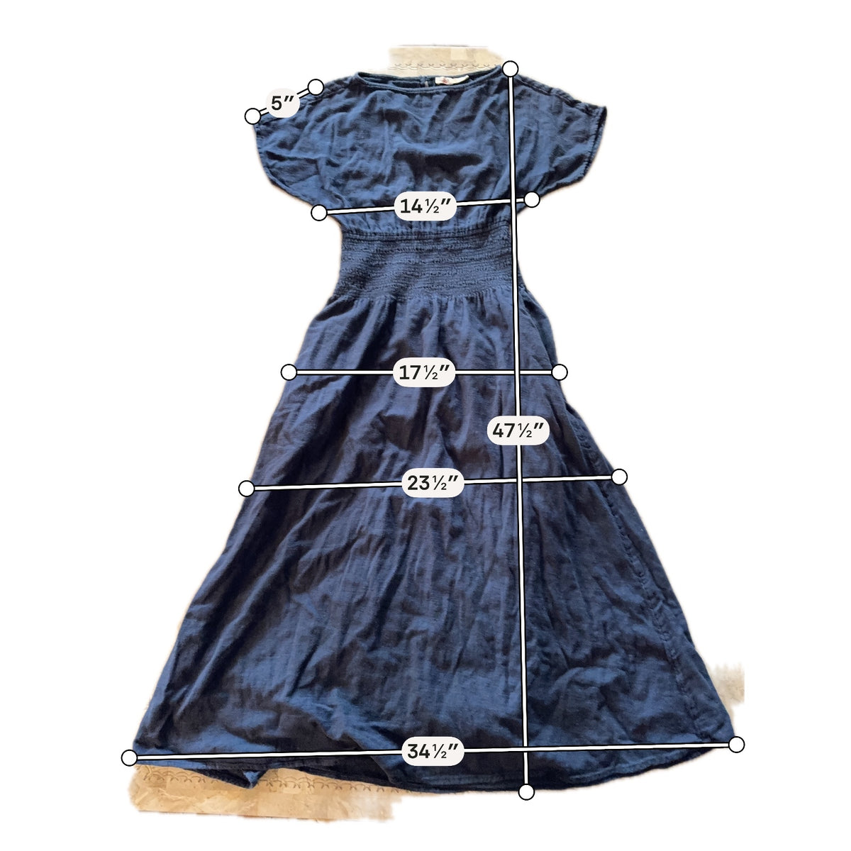 Faherty Navy Blue Midi Dress with Smocked Waist, Size XS