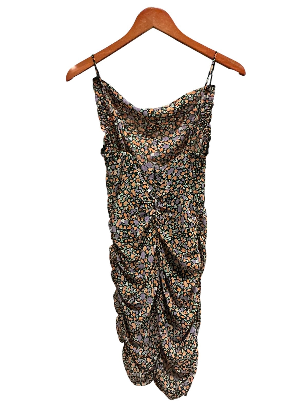ASTR The Label Black-Orange Floral Ruched Midi Dress XS