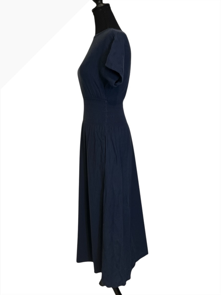 Faherty Navy Blue Midi Dress with Smocked Waist, Size XS