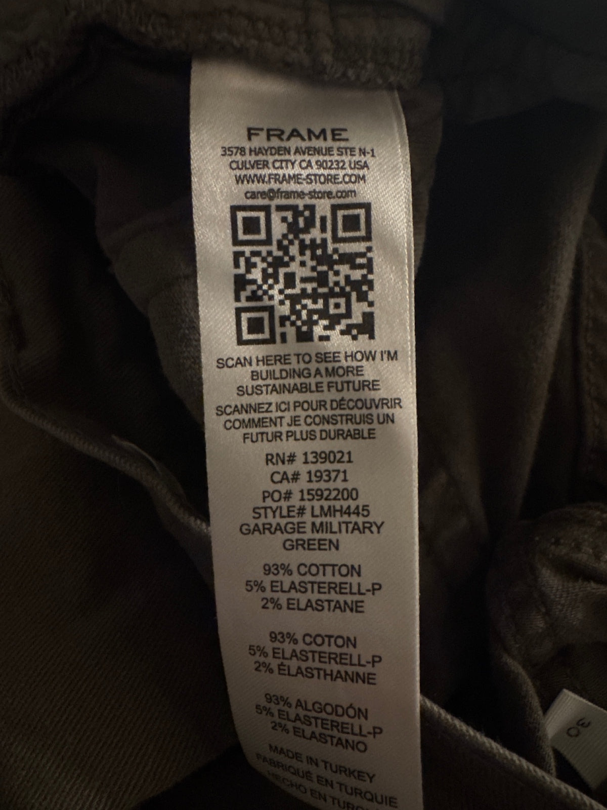 FRAME L'Homme Slim Garage Military Green Slim Fit Pants Size 30