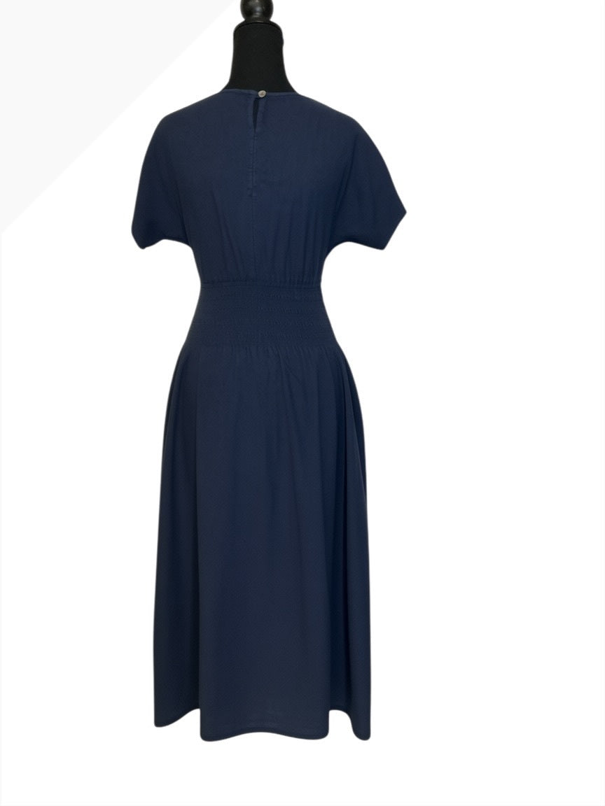 Faherty Navy Blue Midi Dress with Smocked Waist, Size XS