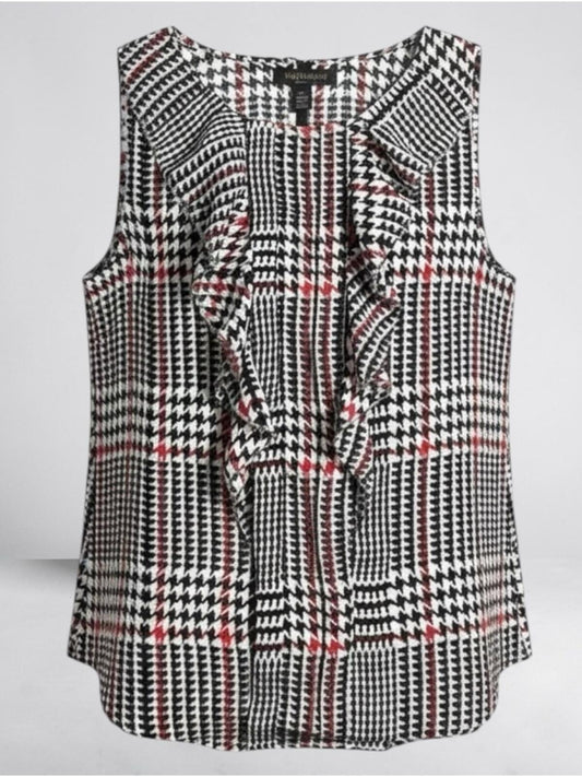 Elle Sleeveless Ruffle Blouse Black White Red Houndstooth Plaid Career Top