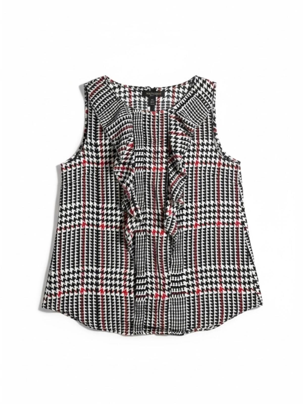 Elle Sleeveless Ruffle Blouse Black White Red Houndstooth Plaid Career Top